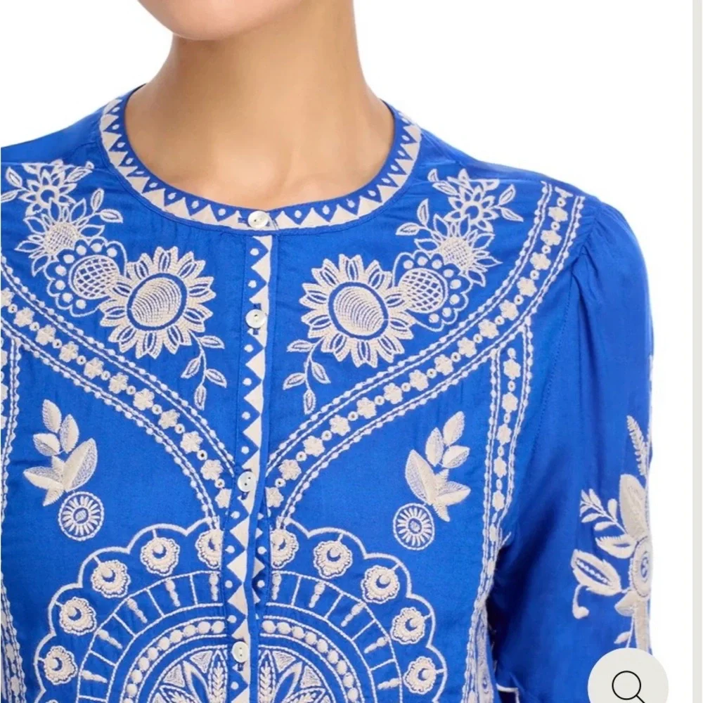 Johnny Was Brynlee Scallop Sleeve Embroidered Blue Women's Blouse - Picture 4 of 10